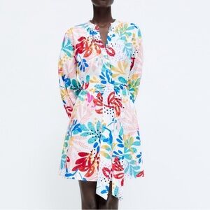 Zara floral poplin cotton button front dress tie waist